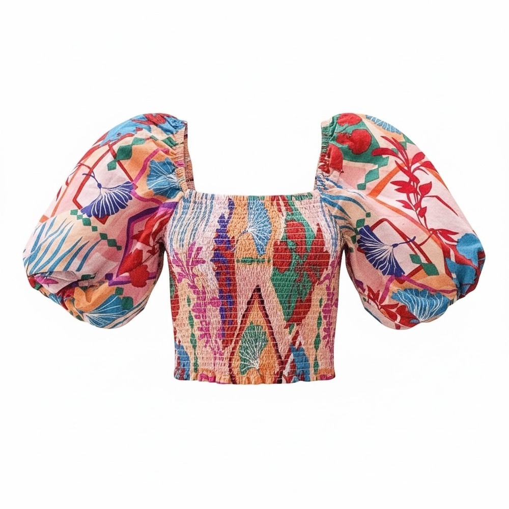 LIFE Women Smocked Crop Top Puff Sleeve Abstract Tropical Print Pink Small